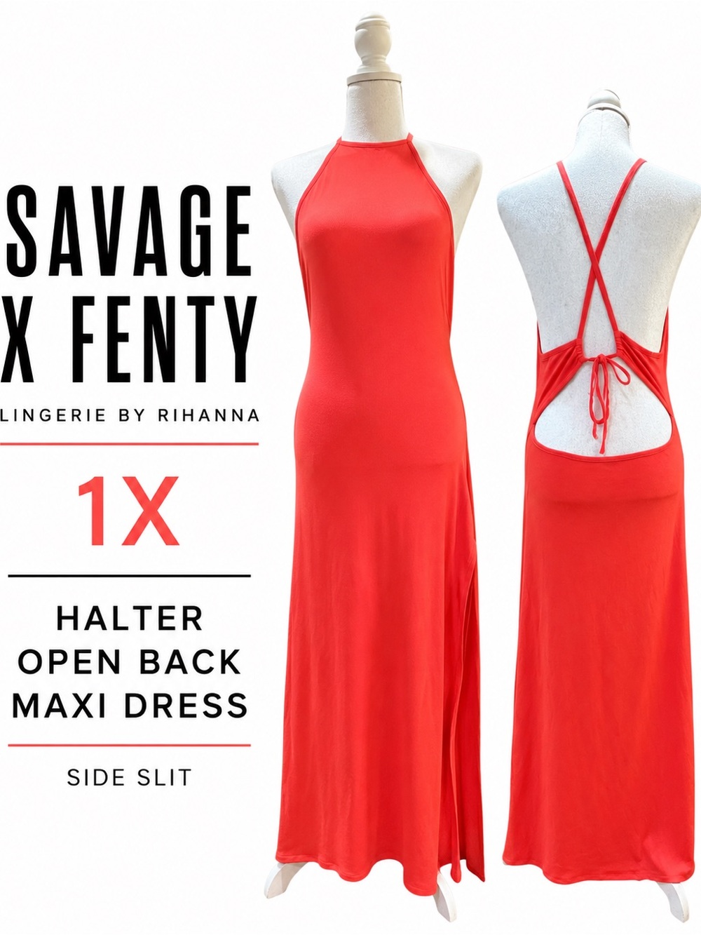 Halter Maxi Dress Savage X Fenty by Rihanna Open Back Coral 1X NWT Side Slit